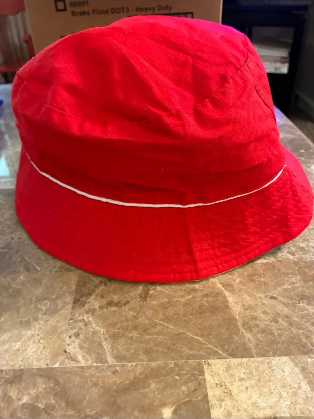 Women’s Red Bucket Hat with White Piping Max Grey